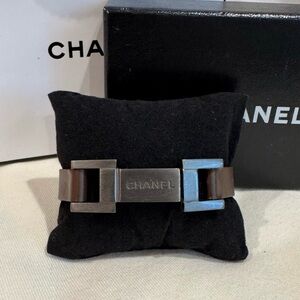 CHANEL Leather Logo Plate Bracelet